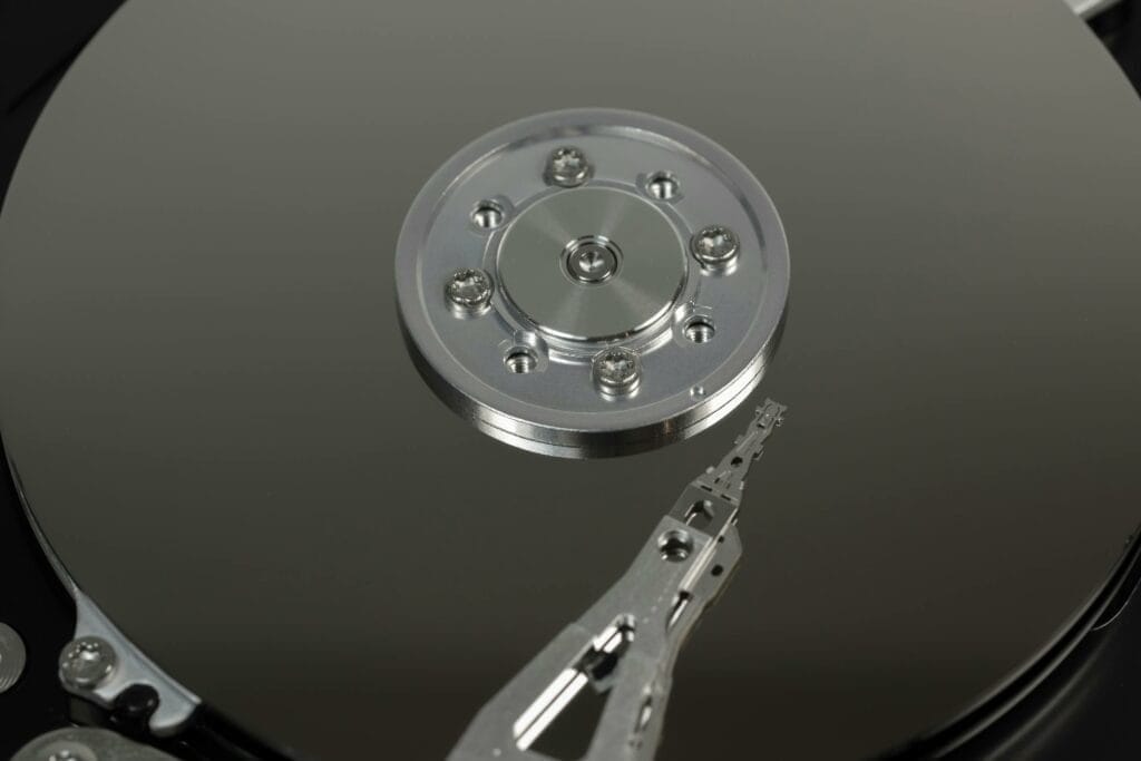 Close-up of hard drive internal components.