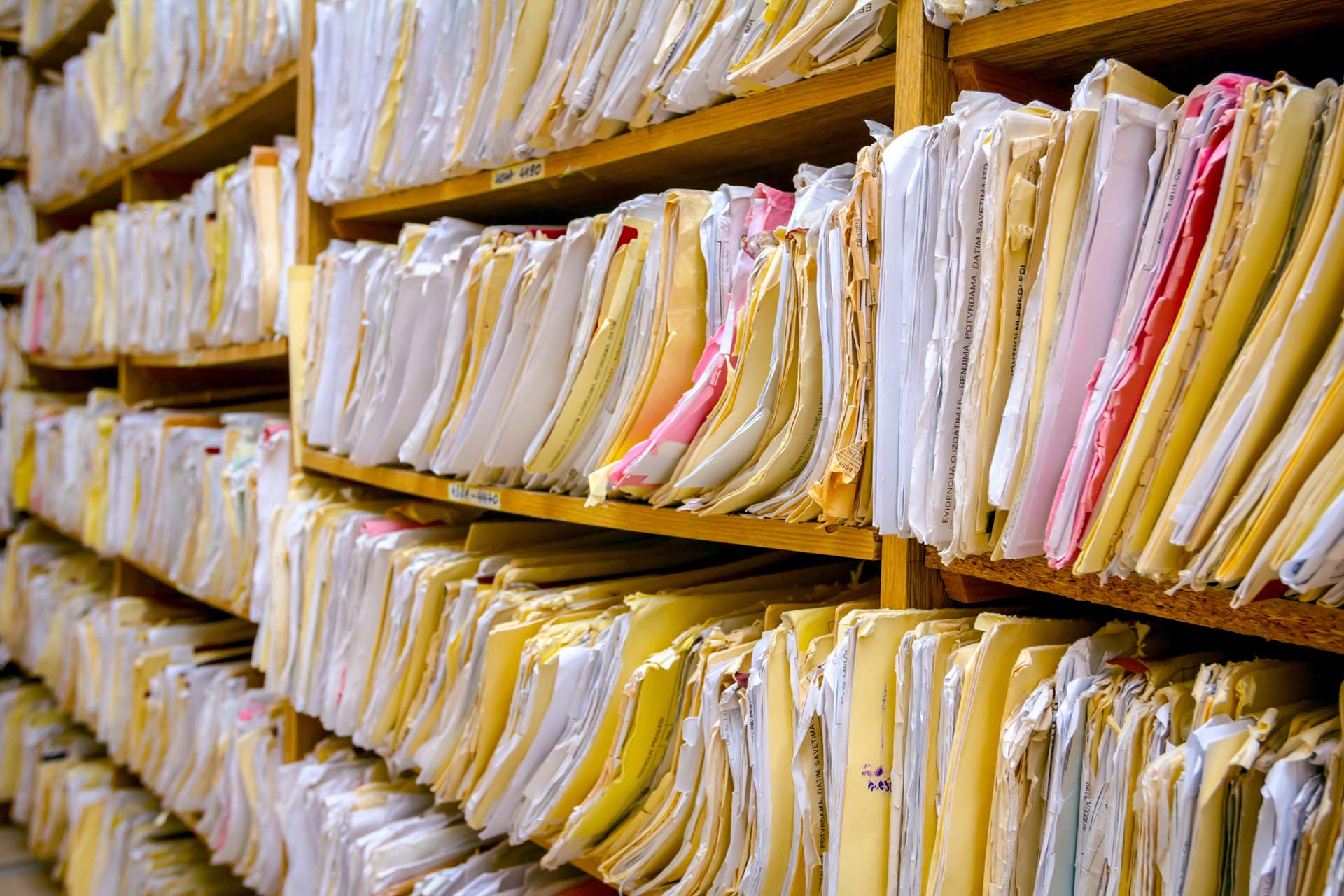 Shelves filled with organized paper files.