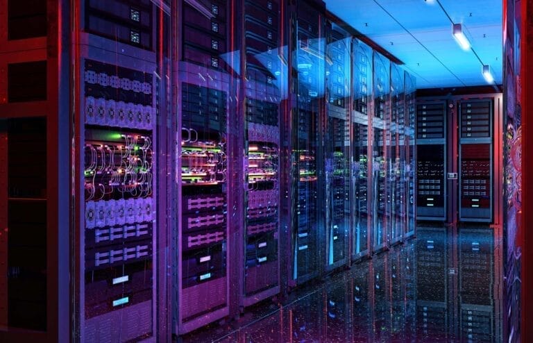 Colorful data center servers with glowing lights.