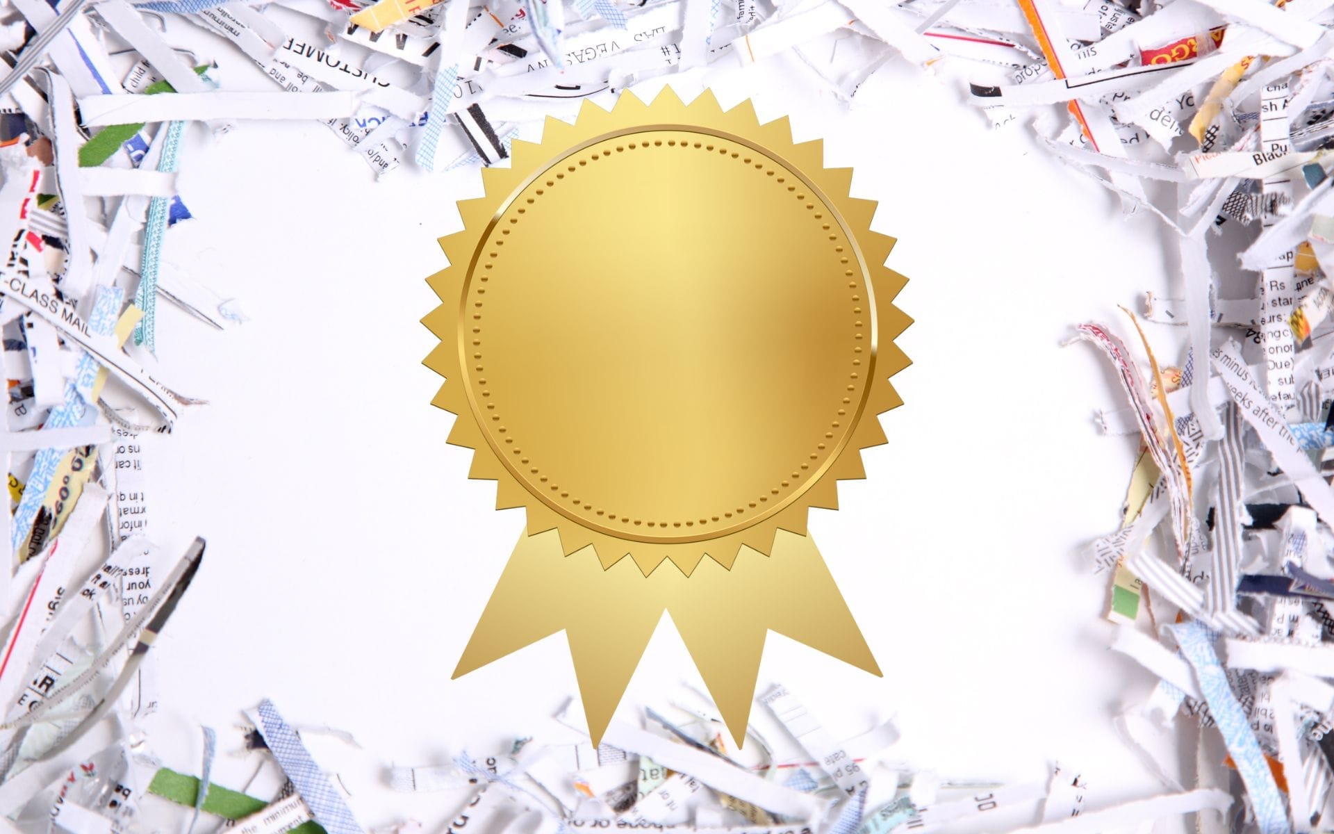 Gold medal on shredded paper background. Certificate of destruction